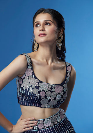 Shimmering Navy Blue Georgette Lehenga with Multi-Sequin Work ClothsVilla