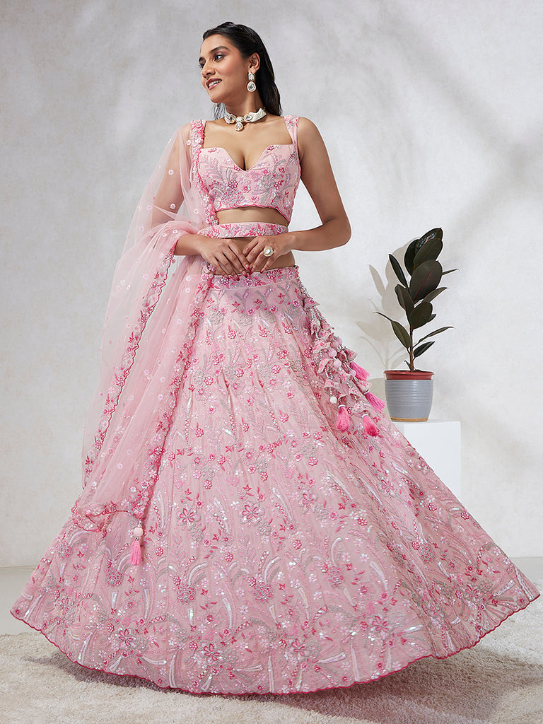 Shimmering Pink Georgette Lehenga Choli Set with Sequins & Thread Embroidery ClothsVilla