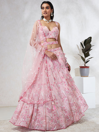Shimmering Pink Georgette Lehenga Choli Set with Sequins & Thread Embroidery ClothsVilla