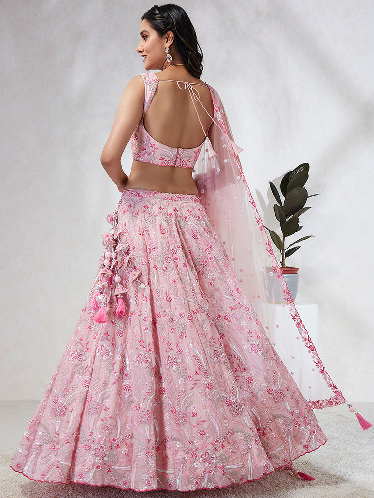 Shimmering Pink Georgette Lehenga Choli Set with Sequins & Thread Embroidery ClothsVilla