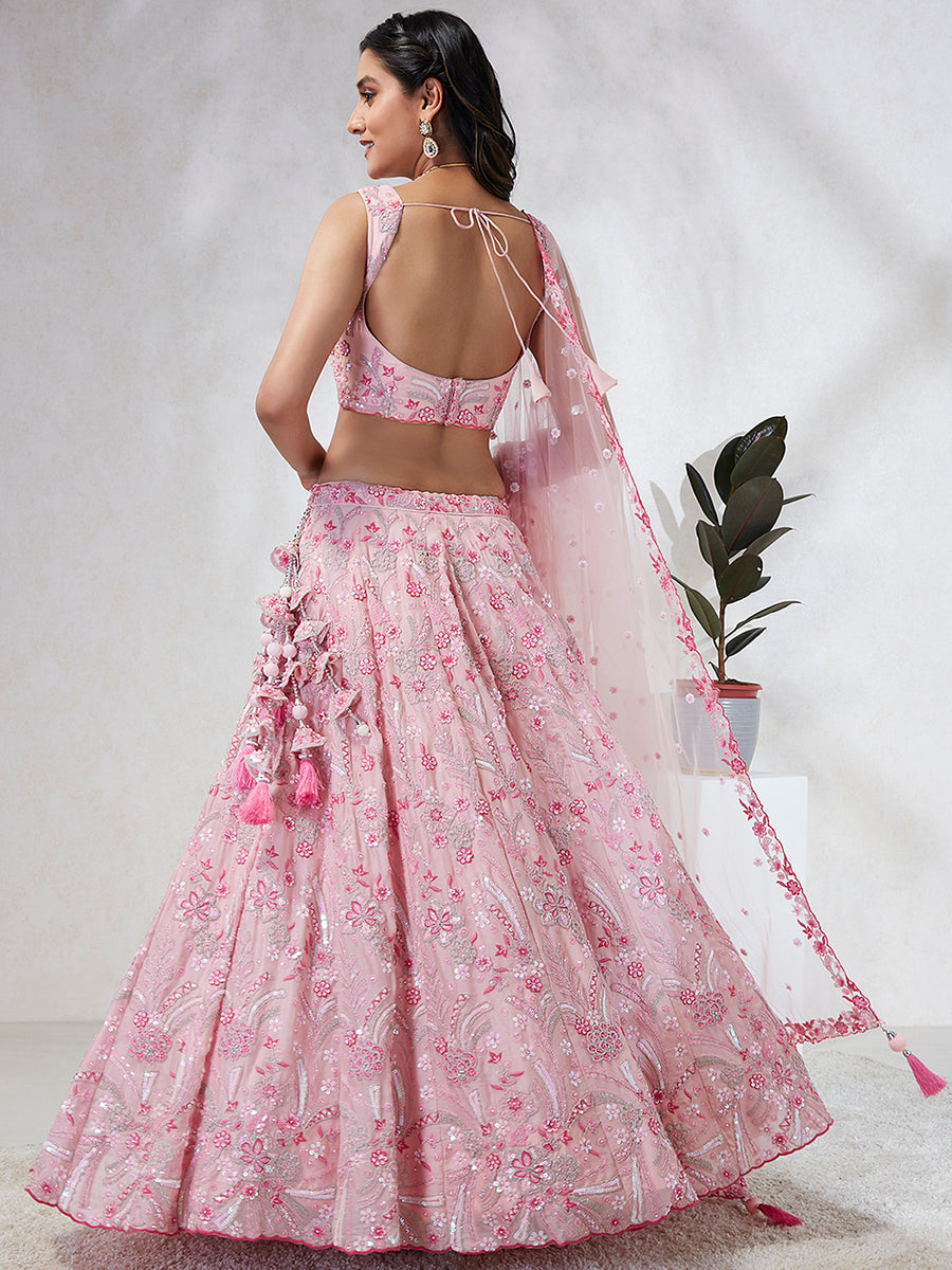 This Golden pure georgette sequins and thread work lehenga, choli, and dupatta