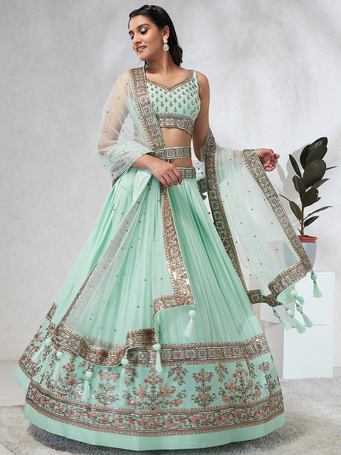 Shimmering Sea Green Lehenga Choli Set: Sequins & Thread Embroidery ClothsVilla Main image