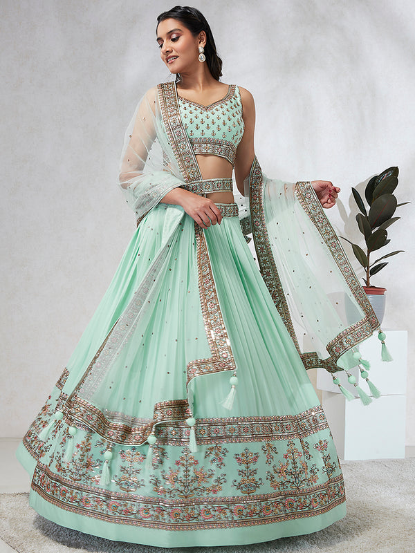 Shimmering Sea Green Lehenga Choli Set: Sequins & Thread Embroidery ClothsVilla