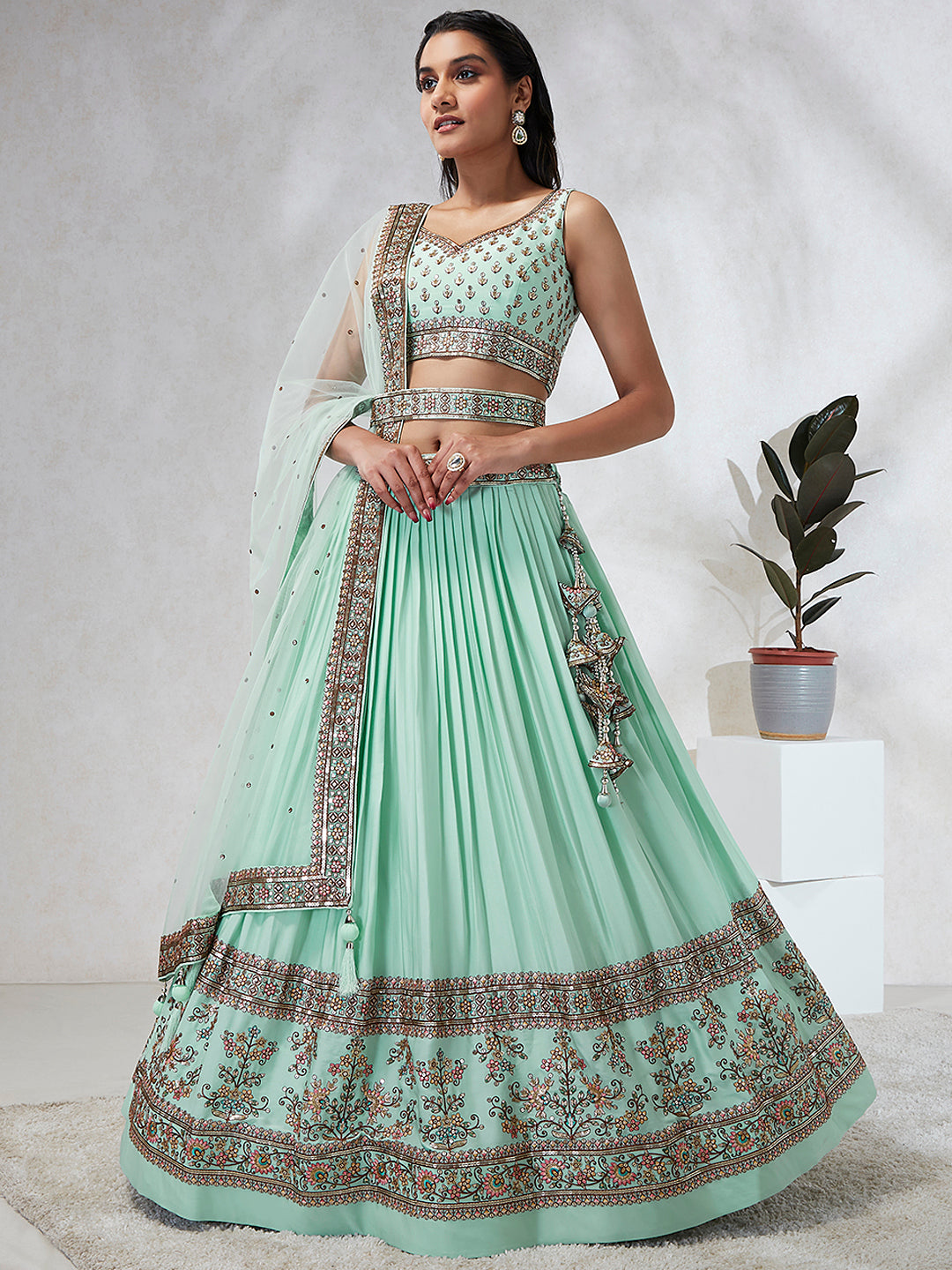 Shimmering Sea Green Lehenga Choli Set: Sequins & Thread Embroidery ClothsVilla