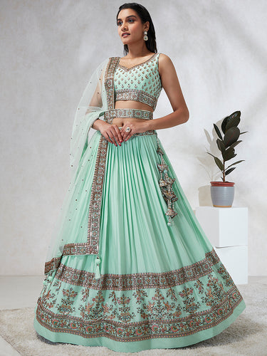 Shimmering Sea Green Lehenga Choli Set: Sequins & Thread Embroidery ClothsVilla