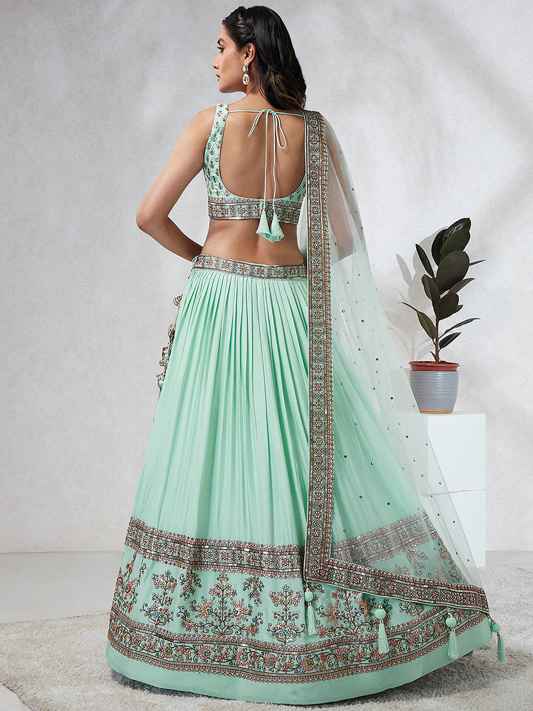 Shimmering Sea Green Lehenga Choli Set: Sequins & Thread Embroidery ClothsVilla