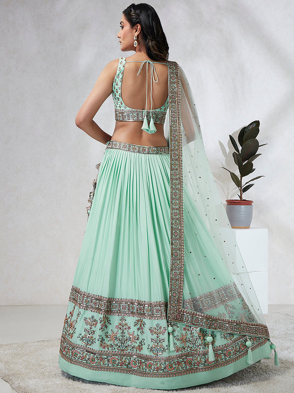 Shimmering Sea Green Lehenga Choli Set: Sequins & Thread Embroidery ClothsVilla