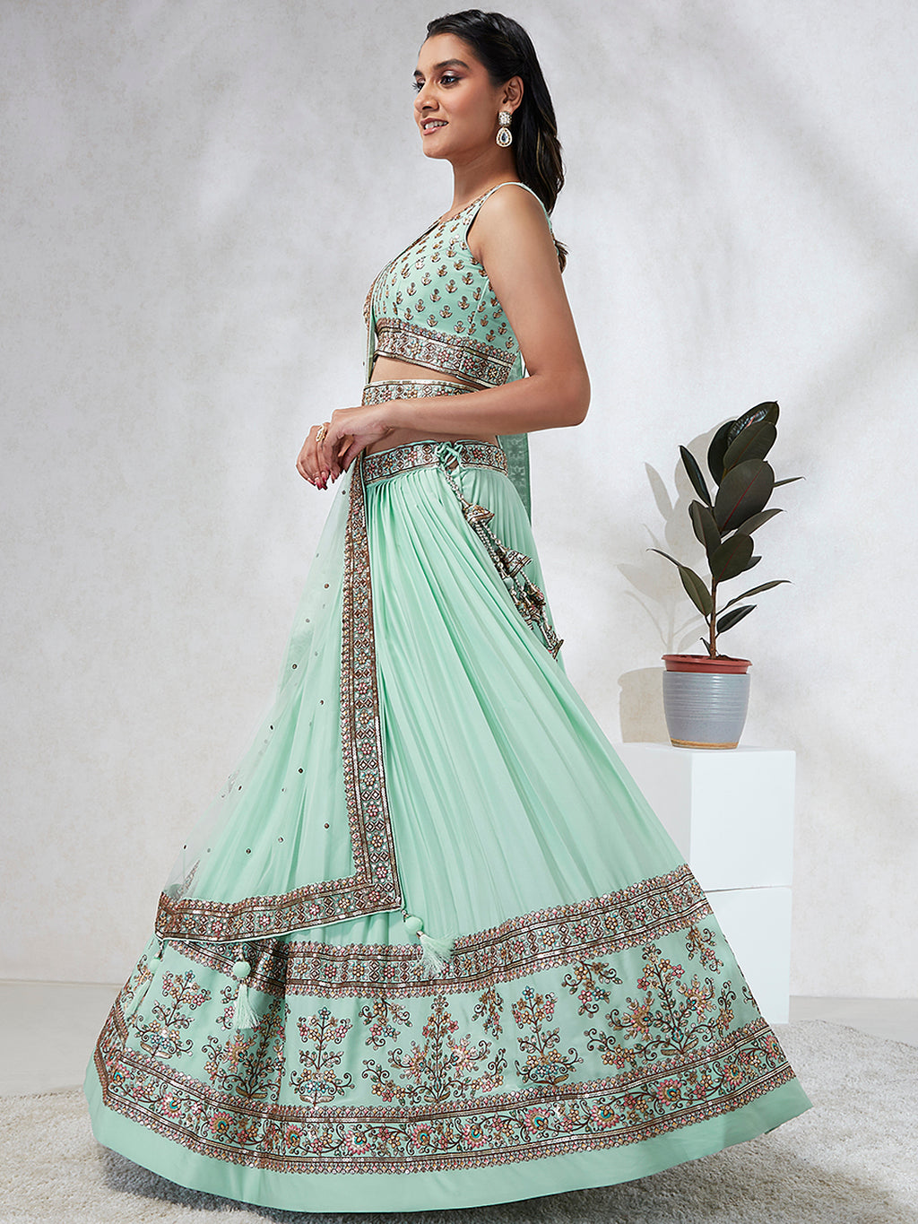 Shimmering Sea Green Lehenga Choli Set: Sequins & Thread Embroidery ClothsVilla
