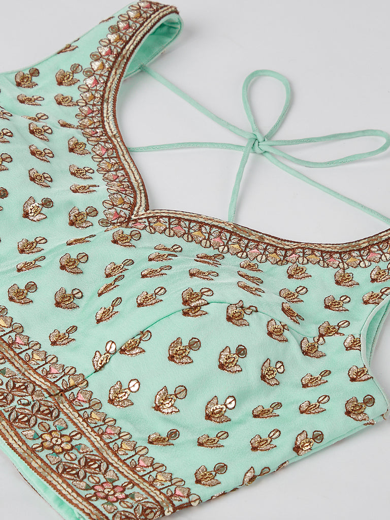 Shimmering Sea Green Lehenga Choli Set: Sequins & Thread Embroidery ClothsVilla