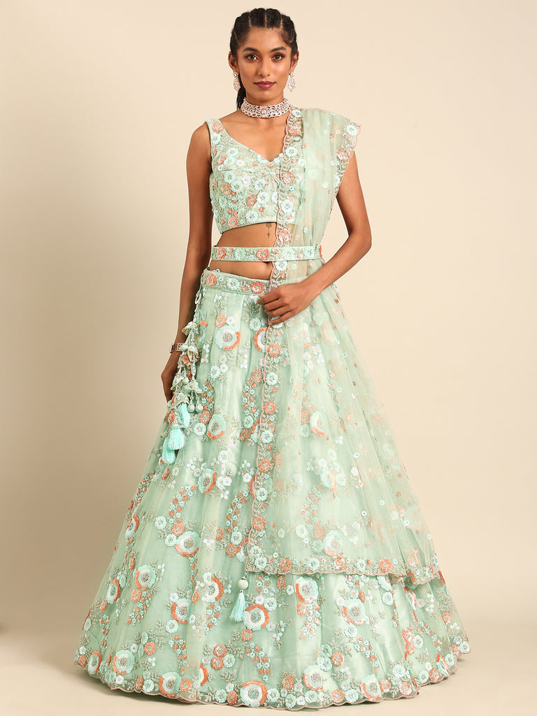 Shimmering Sea Green Lehenga Choli Set - Zari, Sequins & Thread Embroidery ClothsVilla