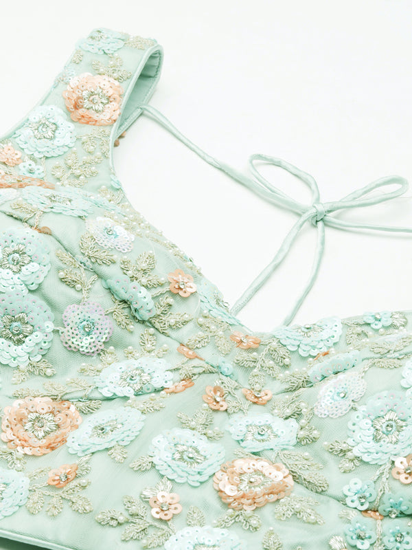 Shimmering Sea Green Lehenga Choli Set - Zari, Sequins & Thread Embroidery ClothsVilla