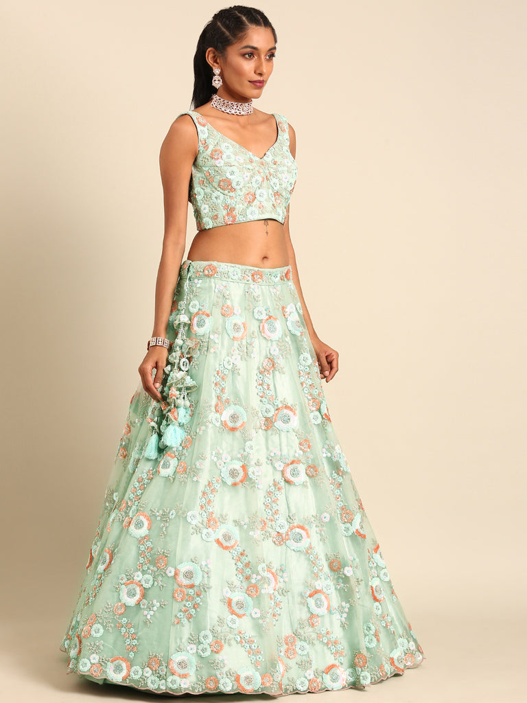 Shimmering Sea Green Lehenga Choli Set - Zari, Sequins & Thread Embroidery ClothsVilla