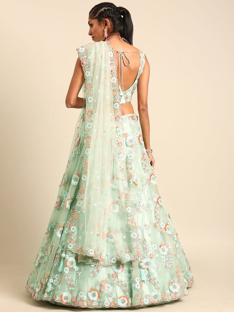 Shimmering Sea Green Lehenga Choli Set - Zari, Sequins & Thread Embroidery ClothsVilla