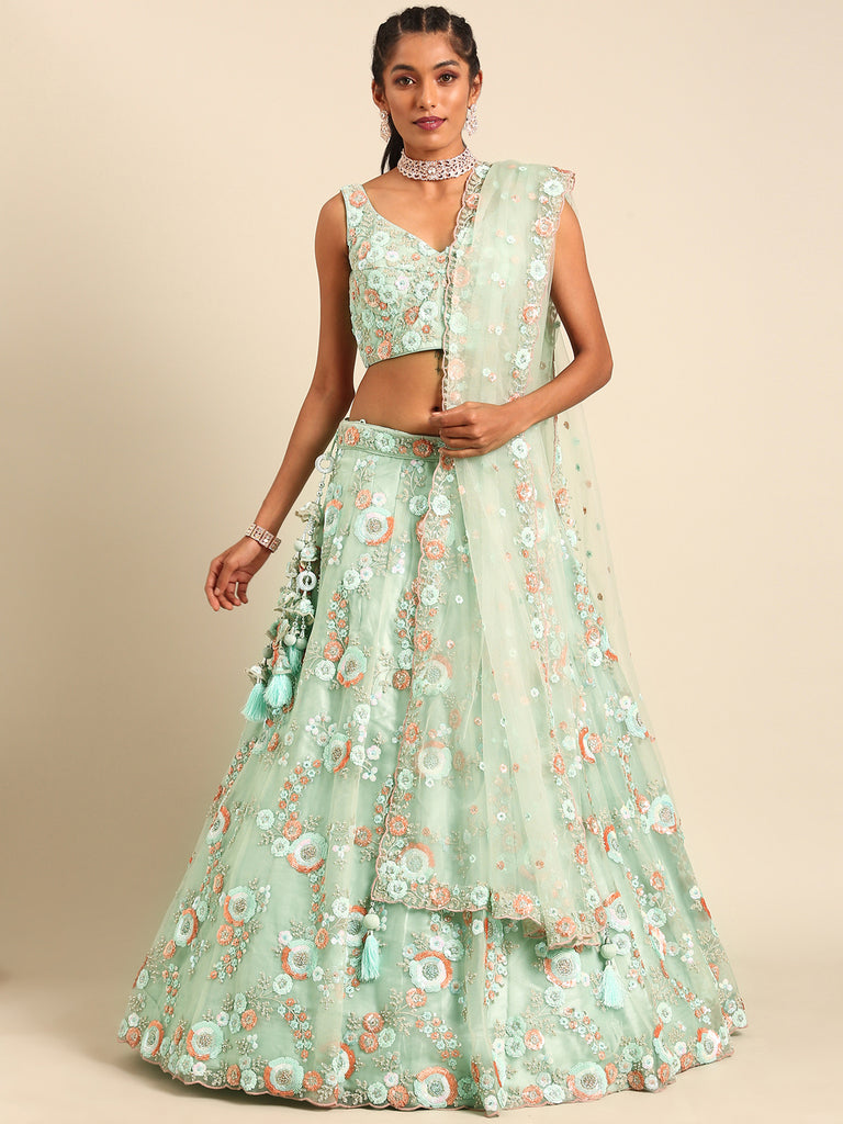 Shimmering Sea Green Lehenga Choli Set - Zari, Sequins & Thread Embroidery ClothsVilla