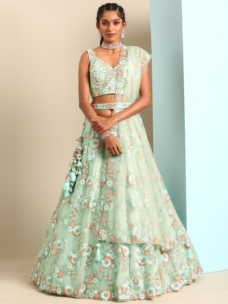 Shimmering Sea Green Lehenga Choli Set - Zari, Sequins & Thread Embroidery ClothsVilla