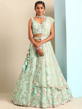 Load image into Gallery viewer, Shimmering Sea Green Lehenga Choli Set - Zari, Sequins &amp; Thread Embroidery ClothsVilla