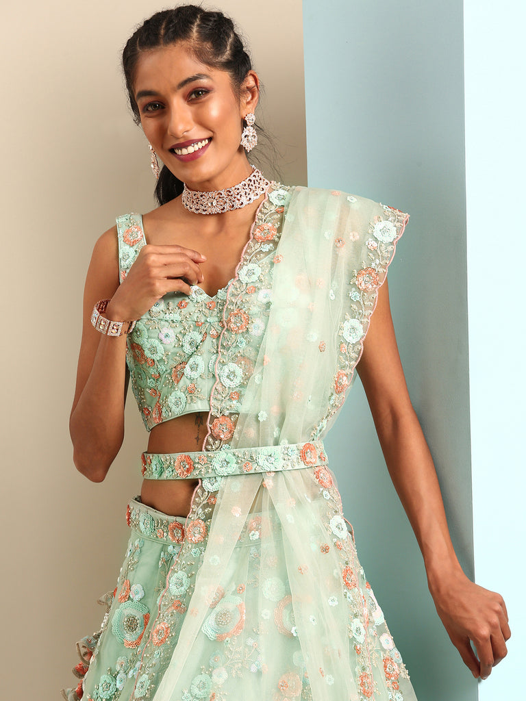 Shimmering Sea Green Lehenga Choli Set - Zari, Sequins & Thread Embroidery ClothsVilla