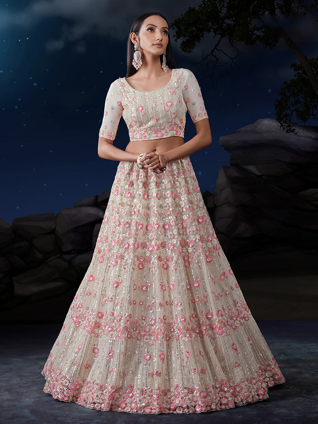 Shimmering White Net Lehenga Set Elegance Embroidered with Sequins ClothsVilla
