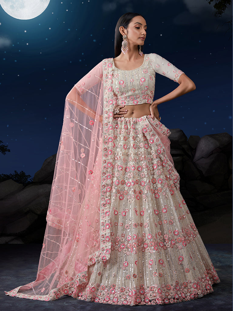 Shimmering White Net Lehenga Set Elegance Embroidered with Sequins ClothsVilla