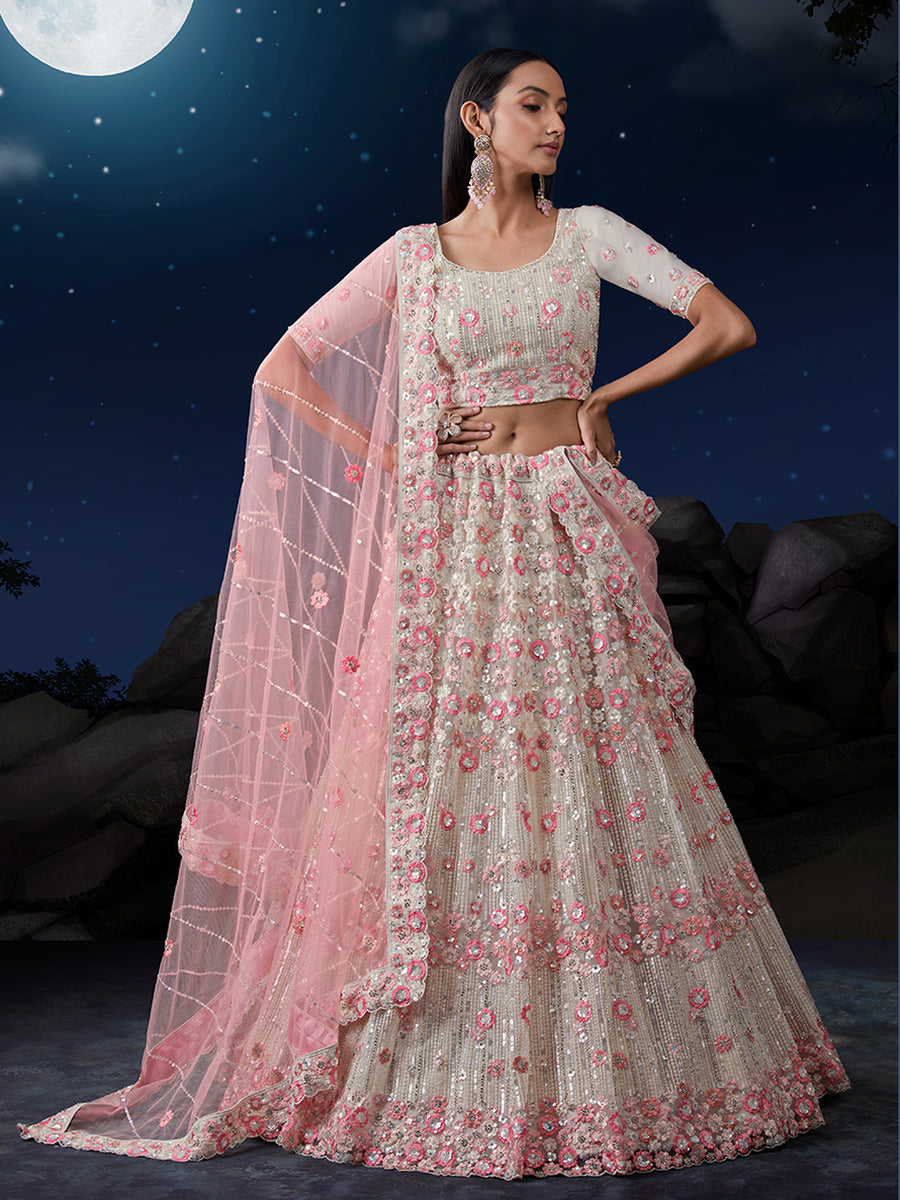 Shimmering White Net Lehenga Set Elegance Embroidered with S