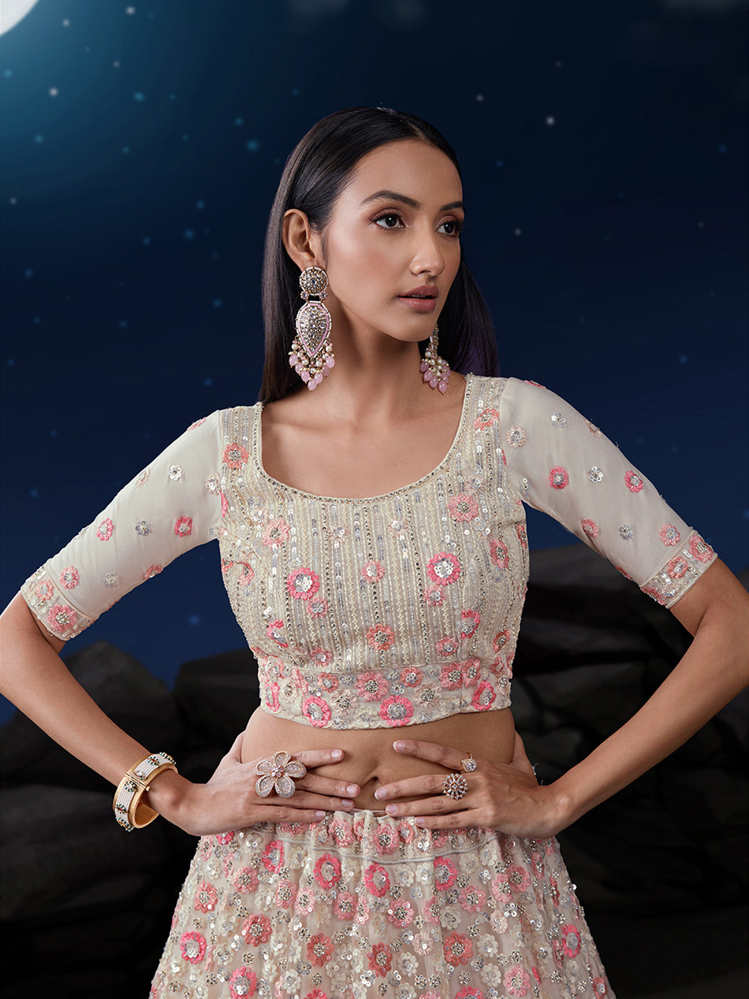 Shimmering White Net Lehenga Set Elegance Embroidered with Sequins ClothsVilla