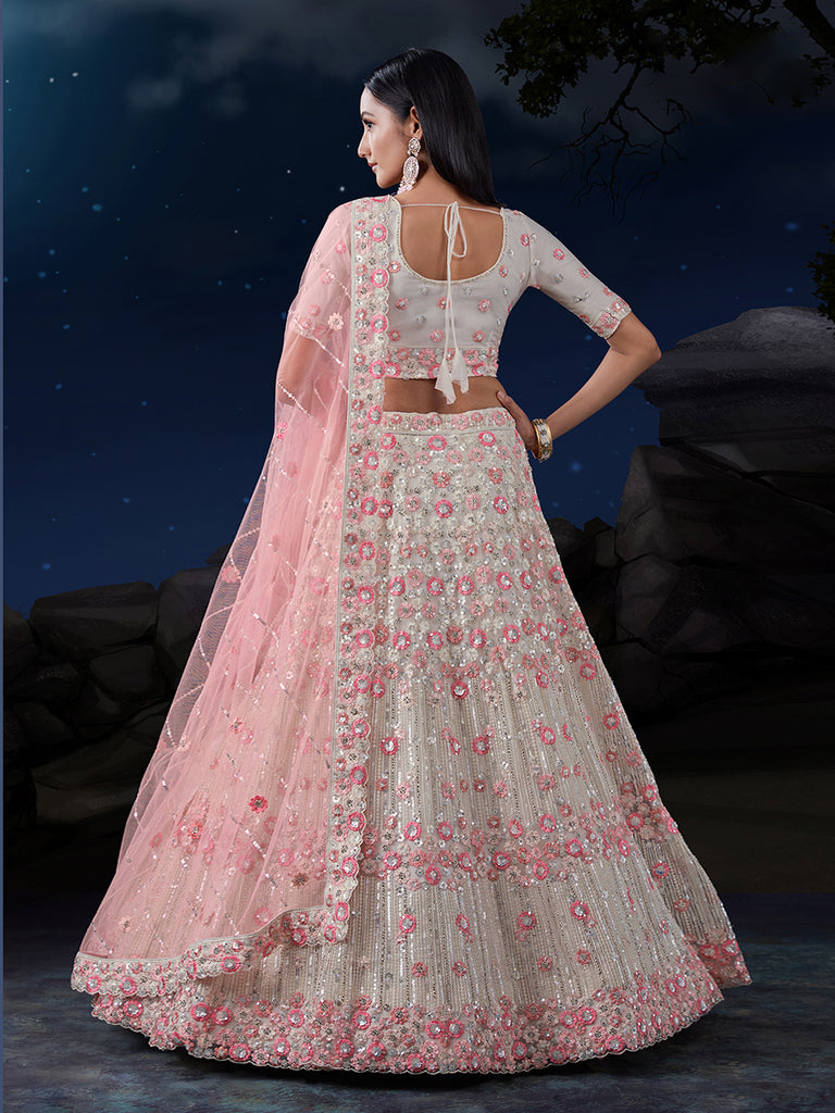 Shimmering White Net Lehenga Set Elegance Embroidered with Sequins ClothsVilla