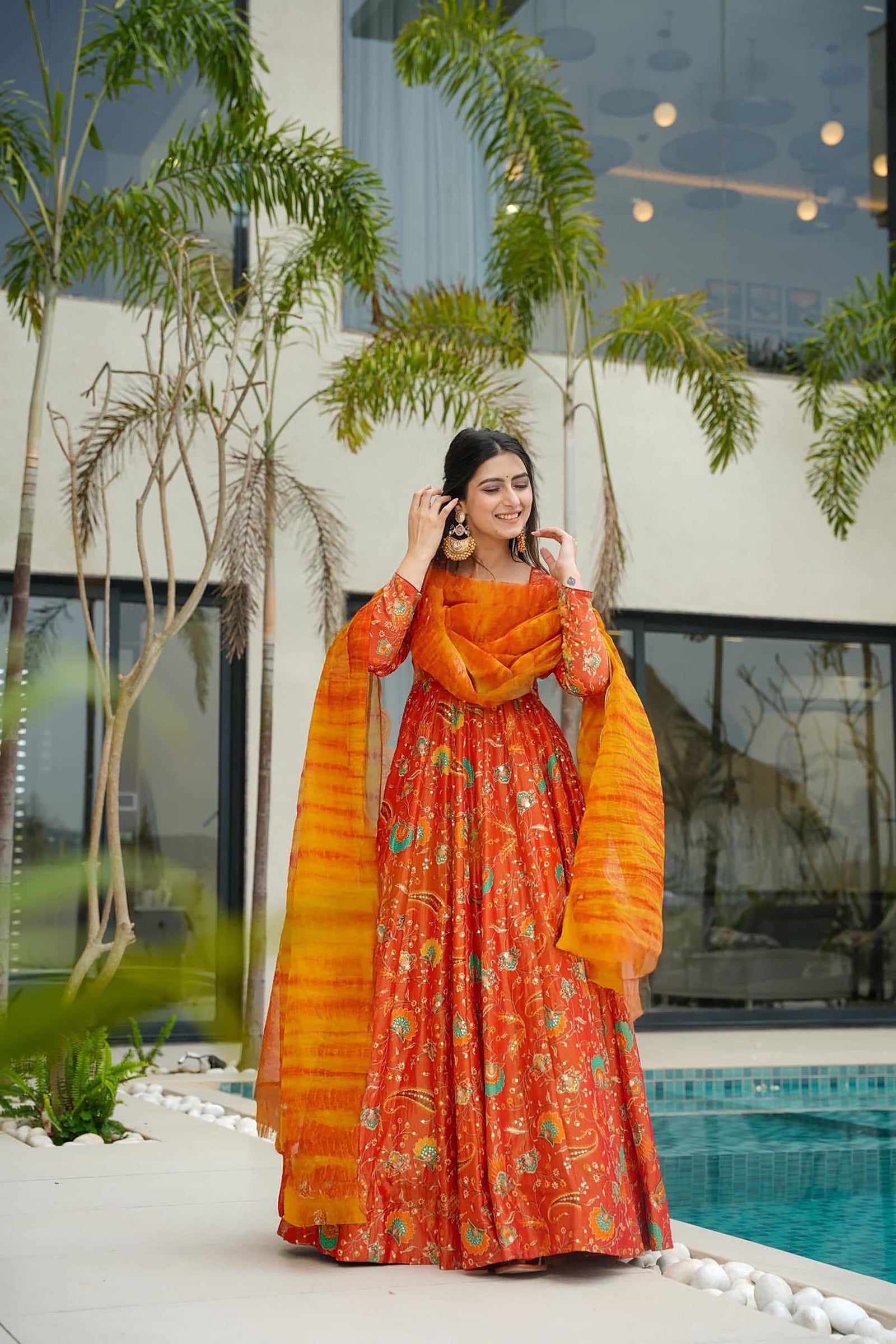 Silk Digital Print Anarkali Gown with Dupatta Collection Clothsvilla