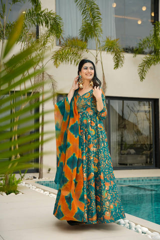 Silk Digital Print Anarkali Gown with Dupatta Collection Clothsvilla