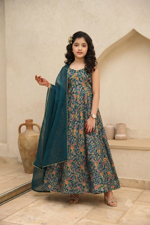Silk Digital Print Anarkali Gown with Organza Dupatta for Girls Clothsvilla Main image