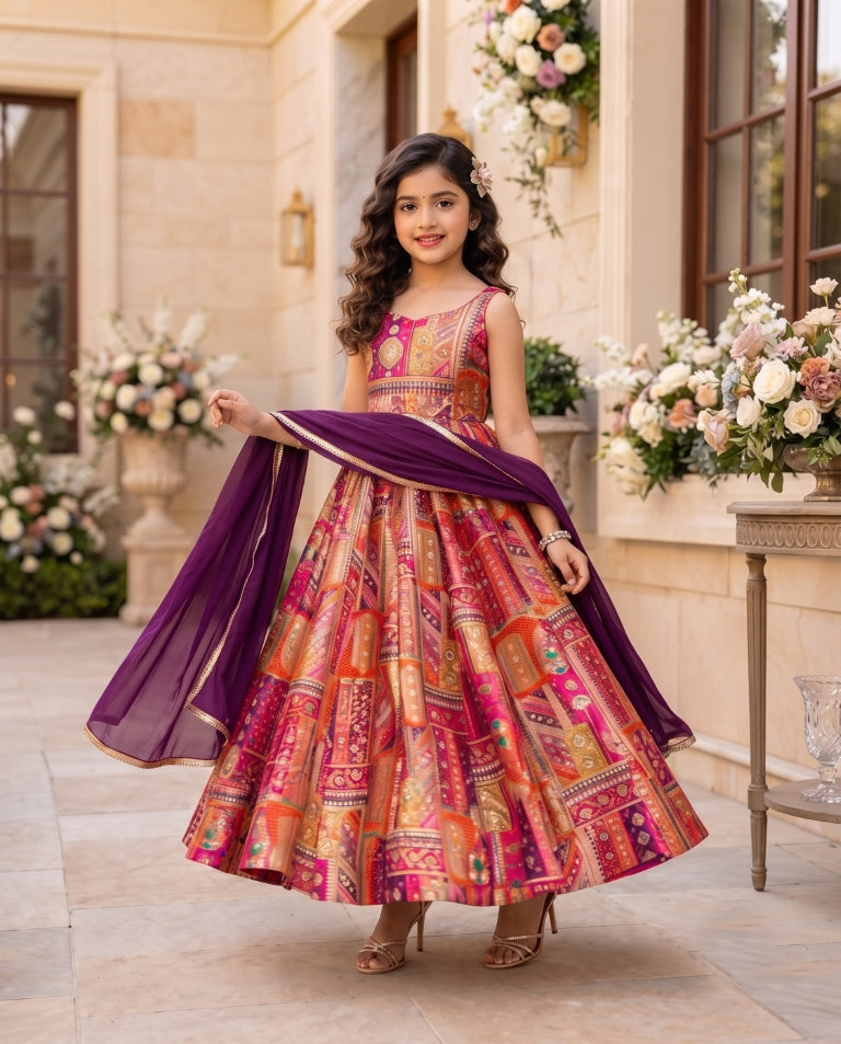 Silk Digital Print Anarkali Gown with Organza Dupatta for Girls Clothsvilla