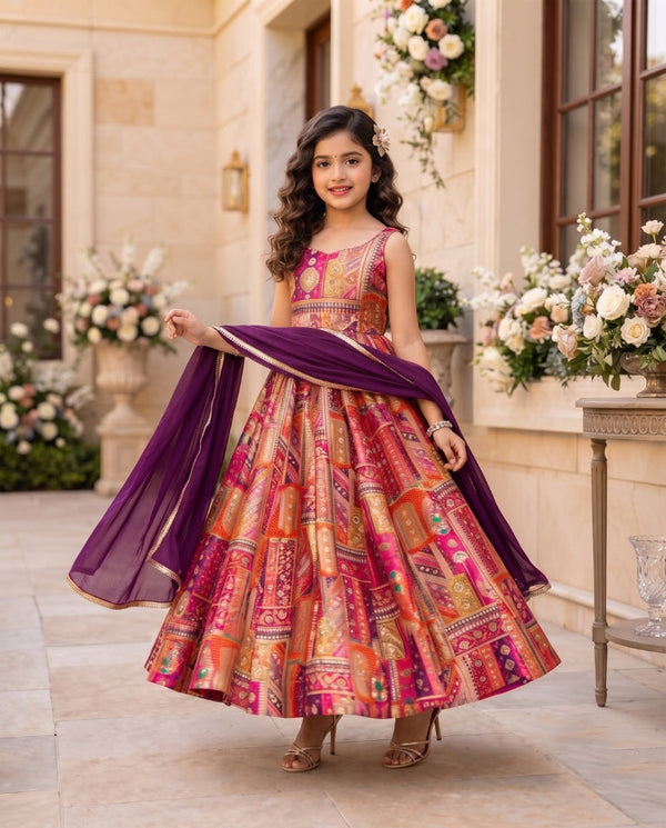 Silk Digital Print Anarkali Gown with Organza Dupatta for Girls Clothsvilla