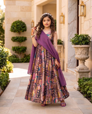 Silk Digital Print Anarkali Gown with Organza Dupatta for Girls Clothsvilla
