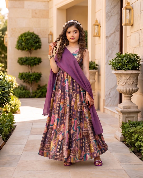 Silk Digital Print Anarkali Gown with Organza Dupatta for Girls Clothsvilla