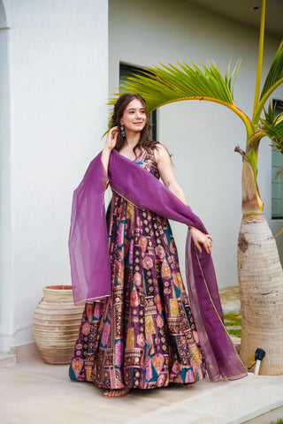 Silk Digital Print Anarkali Gown with Organza Dupatta Clothsvilla