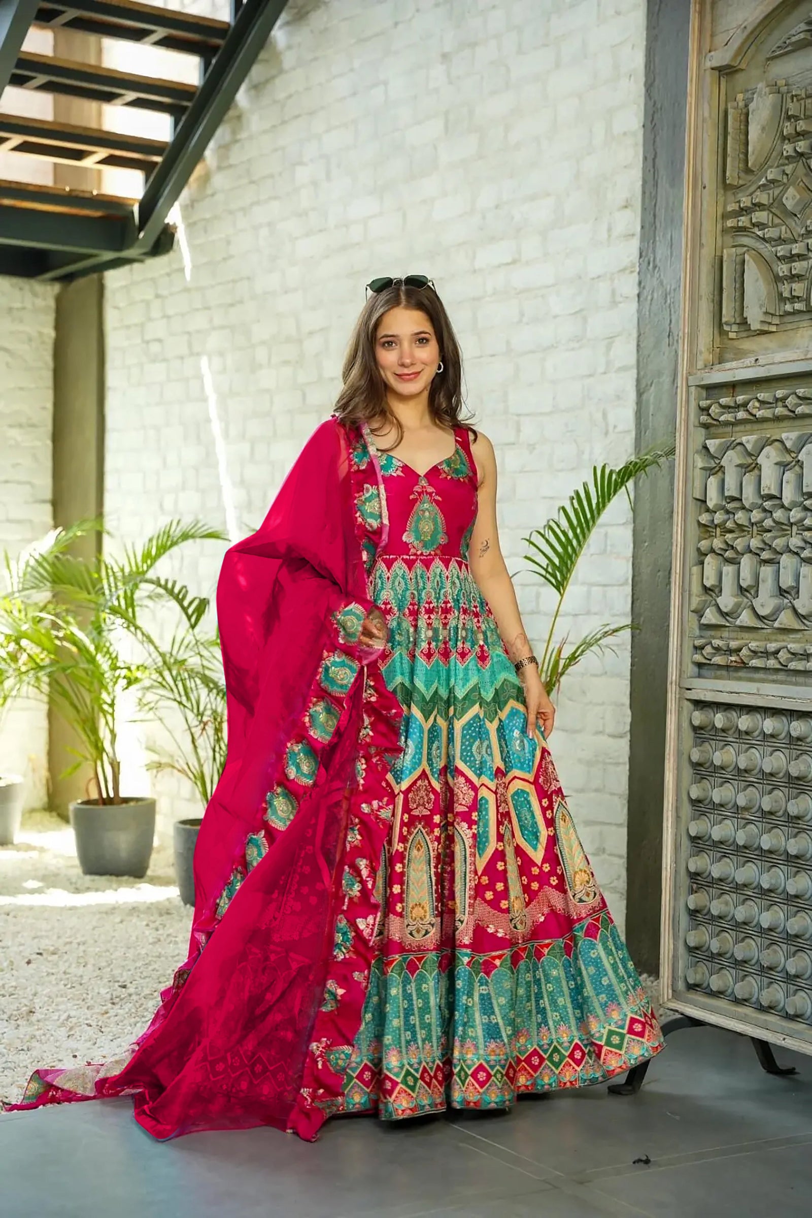 Silk Digital Print Anarkali Gown with Organza Dupatta Clothsvilla