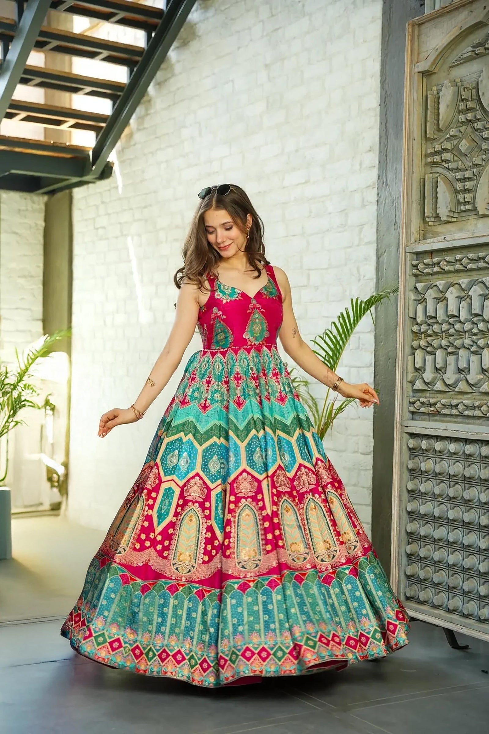 Silk Digital Print Anarkali Gown with Organza Dupatta Clothsvilla