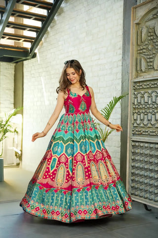 Silk Digital Print Anarkali Gown with Organza Dupatta Clothsvilla