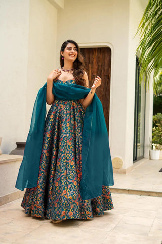 Silk Digital Print Anarkali Gown with Organza Dupatta Clothsvilla