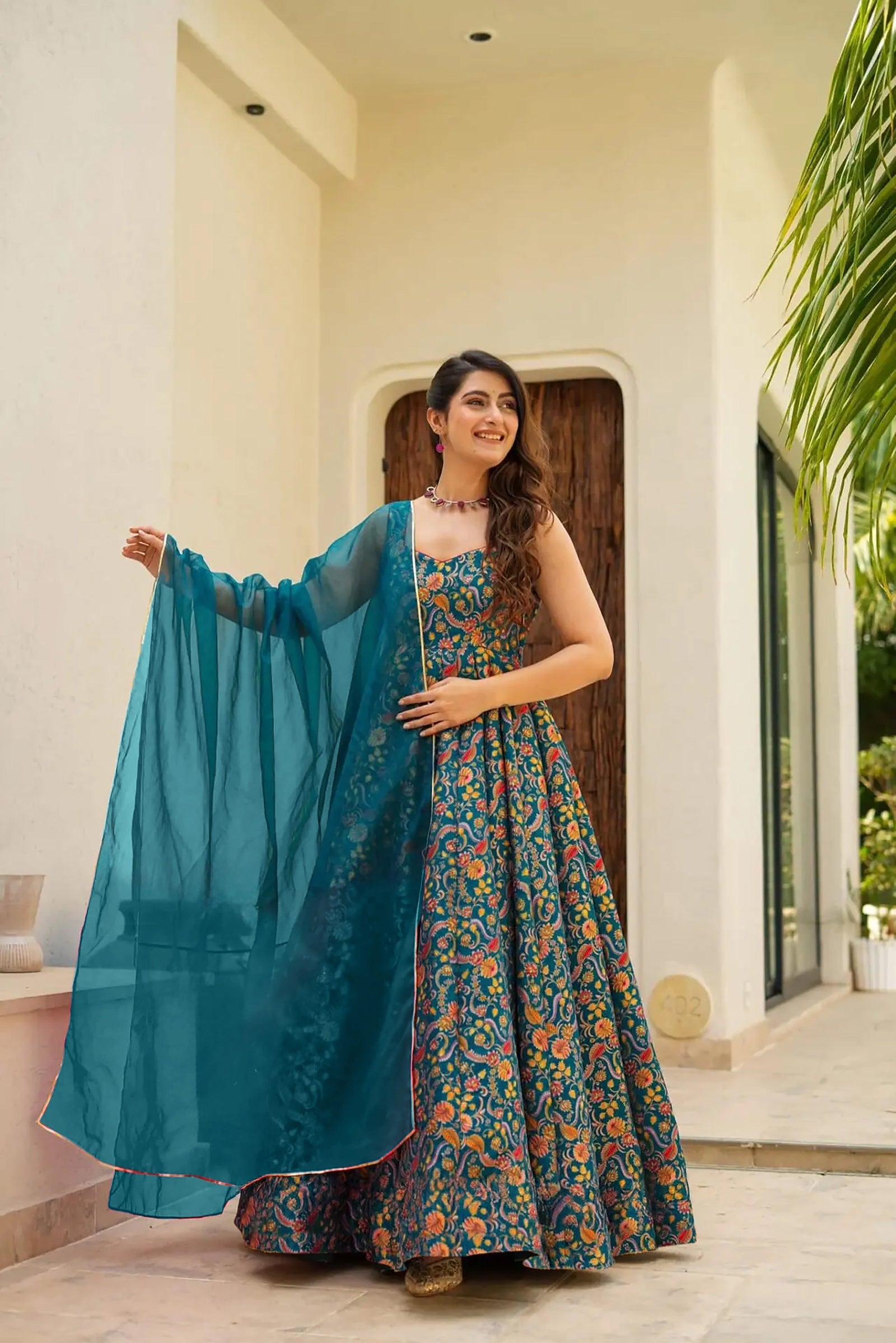 Silk Digital Print Anarkali Gown with Organza Dupatta Clothsvilla
