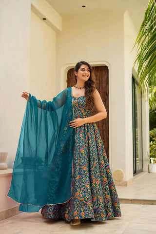 Silk Digital Print Anarkali Gown with Organza Dupatta Clothsvilla