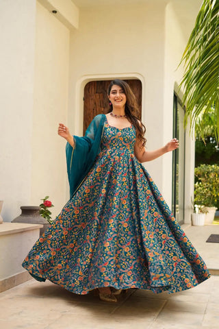 Silk Digital Print Anarkali Gown with Organza Dupatta Clothsvilla