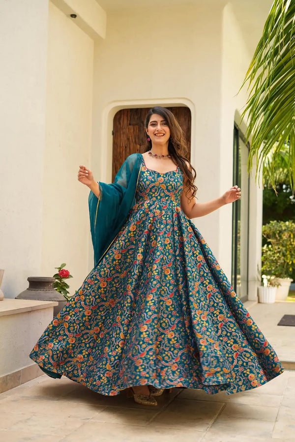 Silk Digital Print Anarkali Gown with Organza Dupatta Clothsvilla