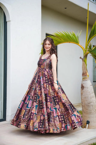 Silk Digital Print Anarkali Gown with Organza Dupatta Clothsvilla