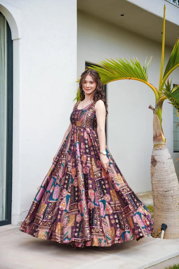 Silk Digital Print Anarkali Gown with Organza Dupatta Clothsvilla