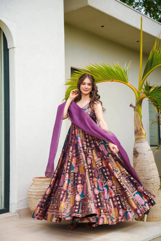 Silk Digital Print Anarkali Gown with Organza Dupatta Clothsvilla