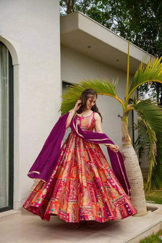 Silk Digital Print Anarkali Gown with Organza Dupatta Clothsvilla