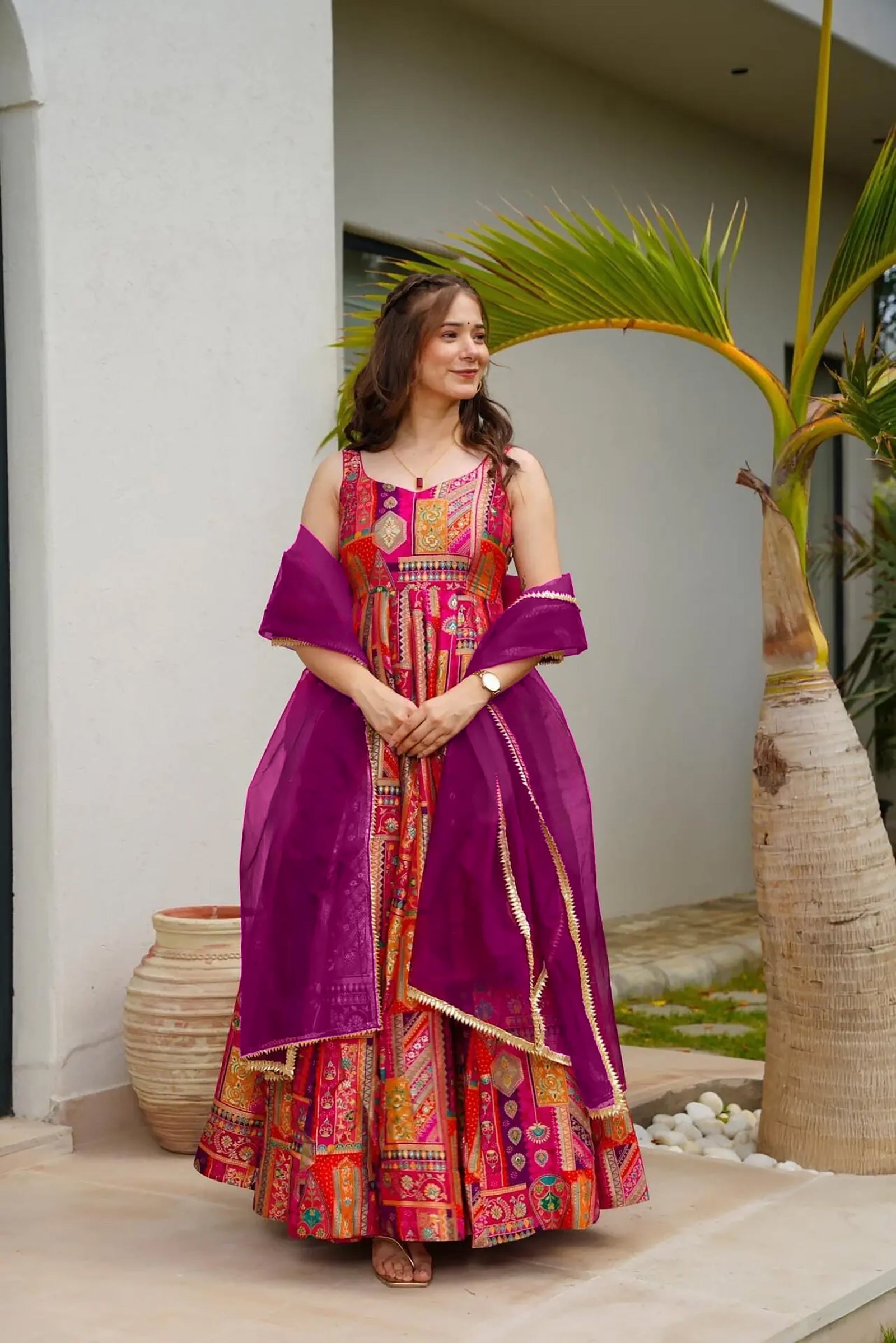 Silk Digital Print Anarkali Gown with Organza Dupatta Clothsvilla