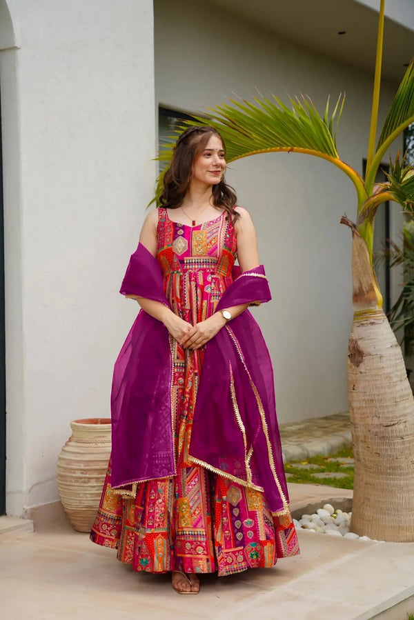 Silk Digital Print Anarkali Gown with Organza Dupatta Clothsvilla