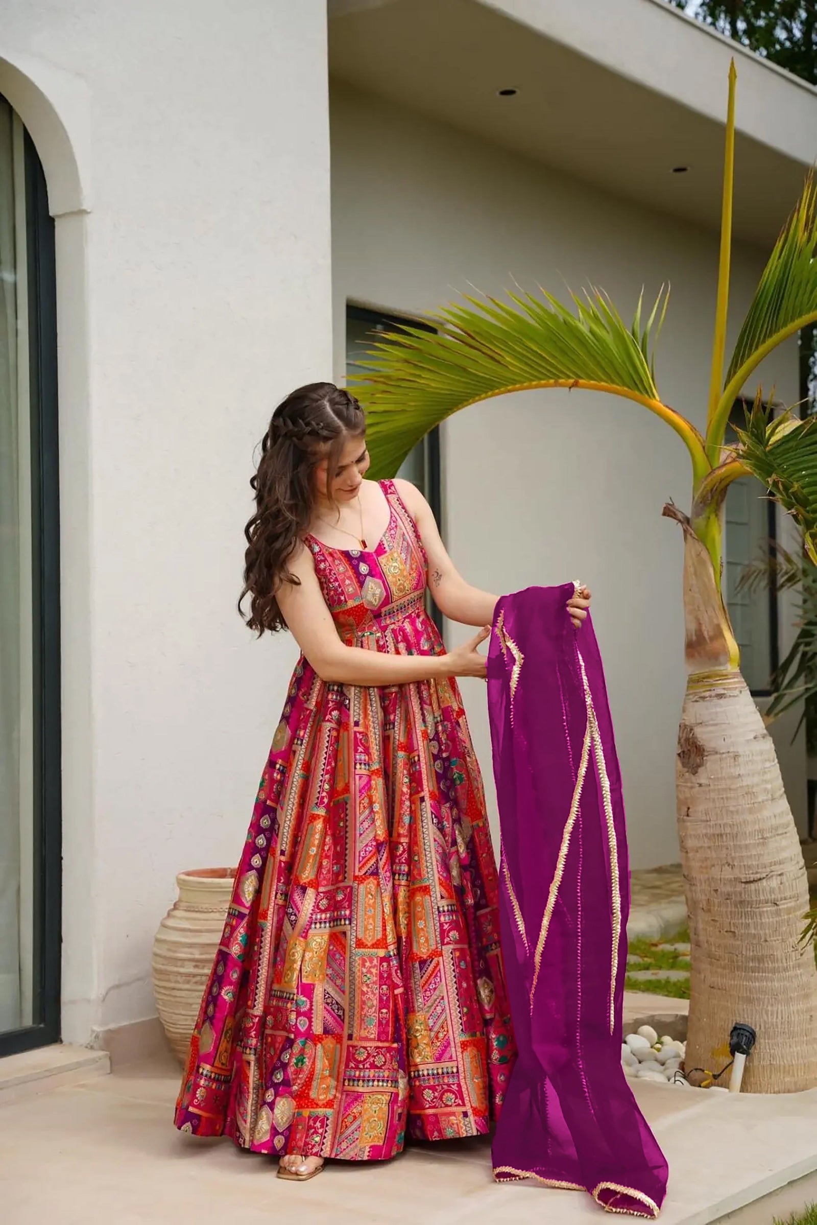 Silk Digital Print Anarkali Gown with Organza Dupatta Clothsvilla