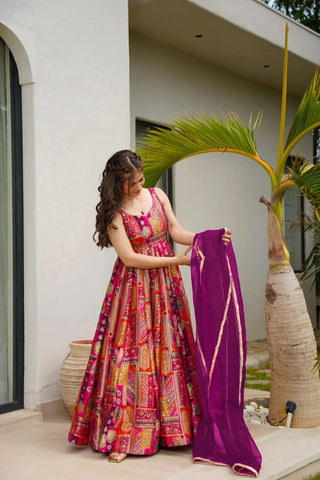 Silk Digital Print Anarkali Gown with Organza Dupatta Clothsvilla